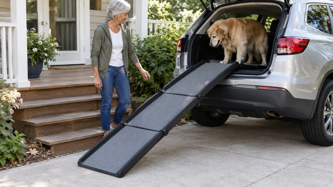 A folding dog ramp resting on three back porch steps with a large dog standing at the top