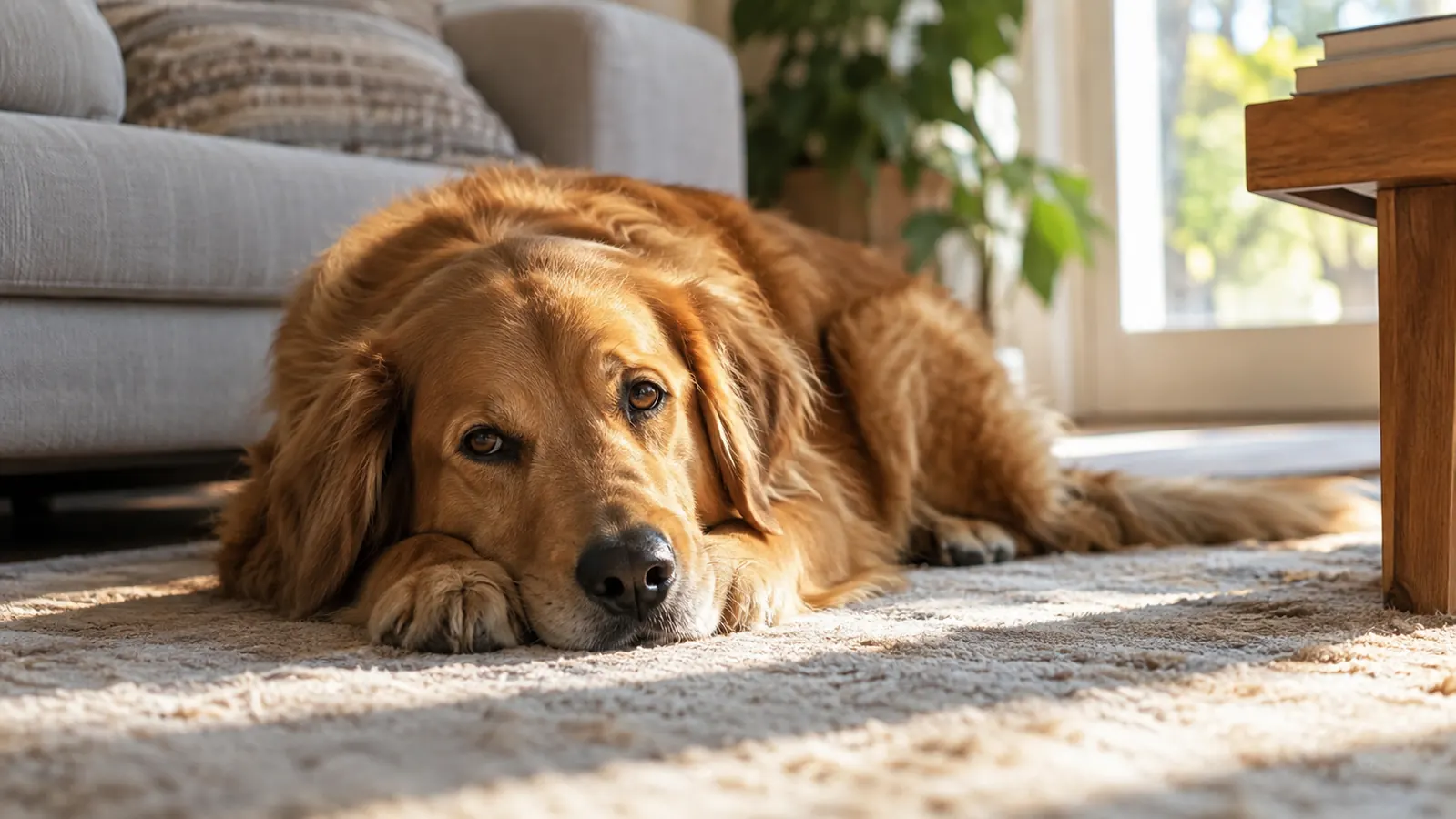 A large dog lying on a rug in a sunny living room after coming inside