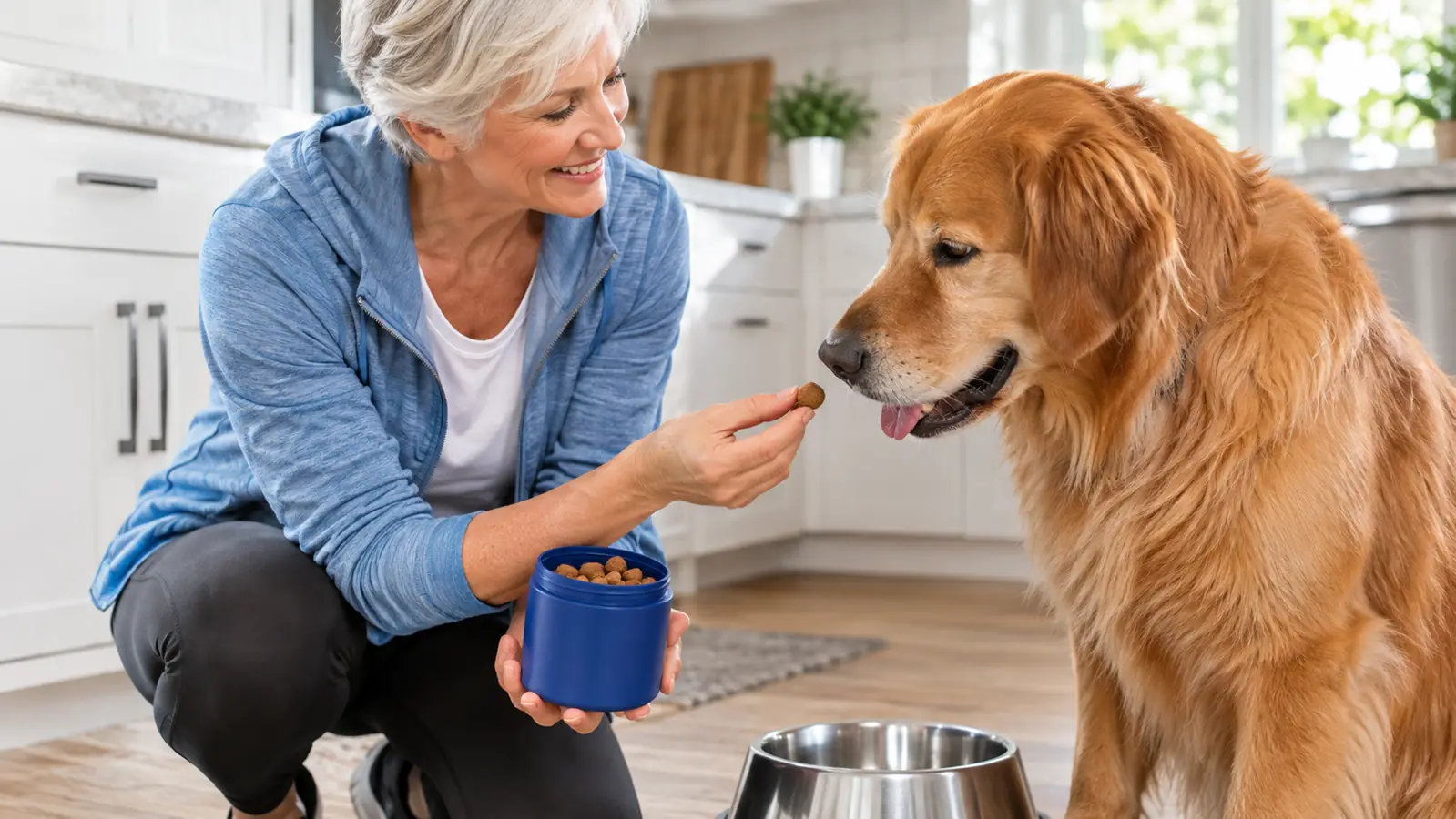 A hand offering a soft chew supplement to a large dog beside a stainless bowl