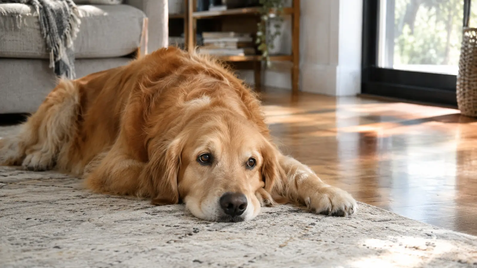 A large dog resting on a rug in a bright living room
