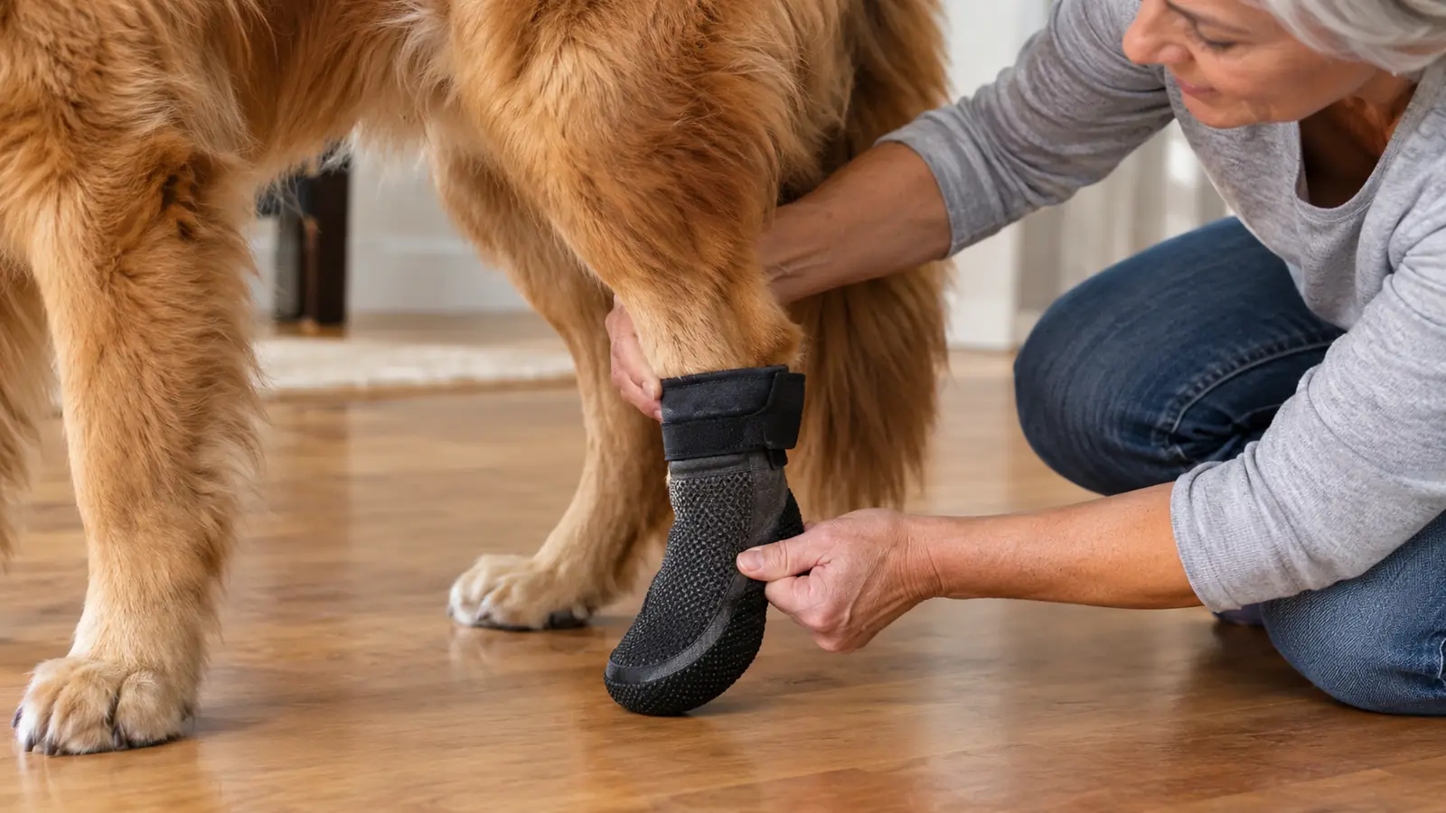 A hand slipping a non-slip dog sock onto a large dog's back paw while the dog stands on a hardwood floor