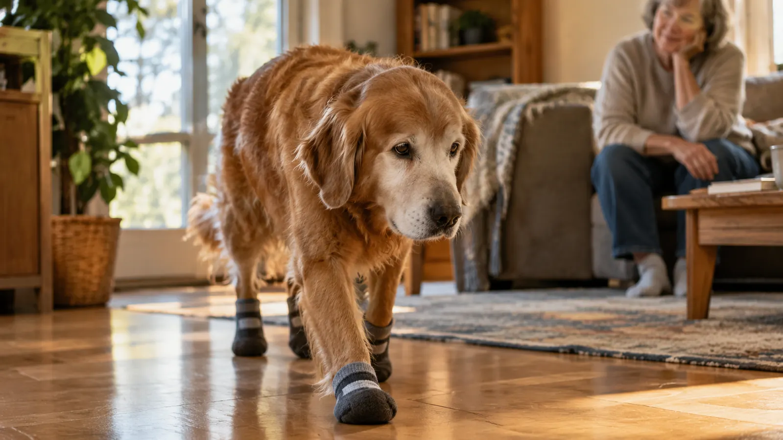 An older dog walking across a hardwood floor in non-slip socks with a person watching nearby