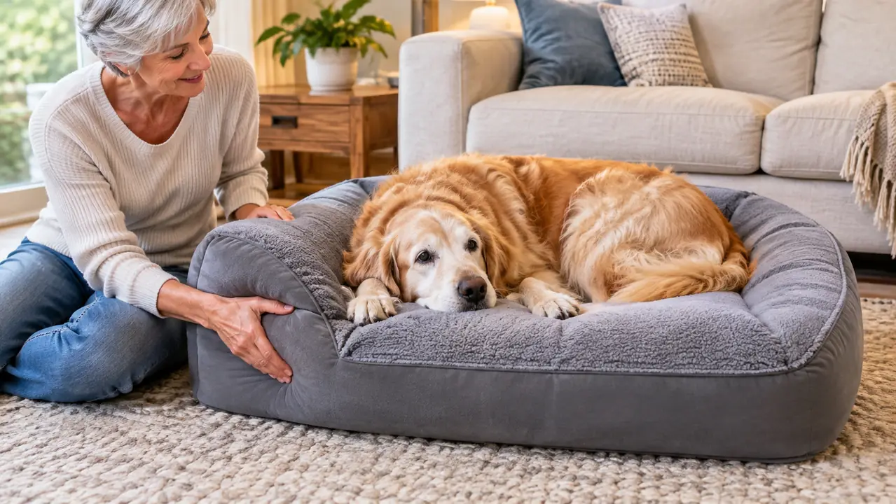 A person's hand pressing the thick foam edge of an orthopedic dog bed while the dog rests on it