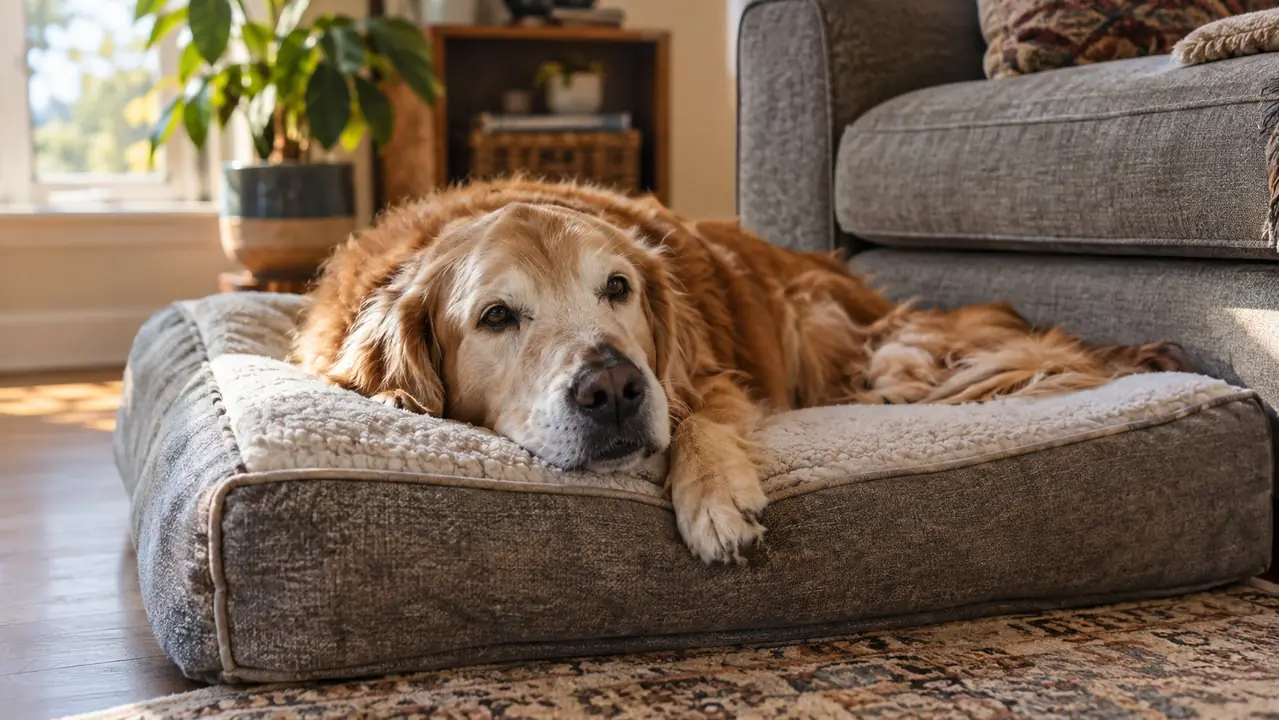 An older dog lying comfortably on an orthopedic bed beside a couch in a living room