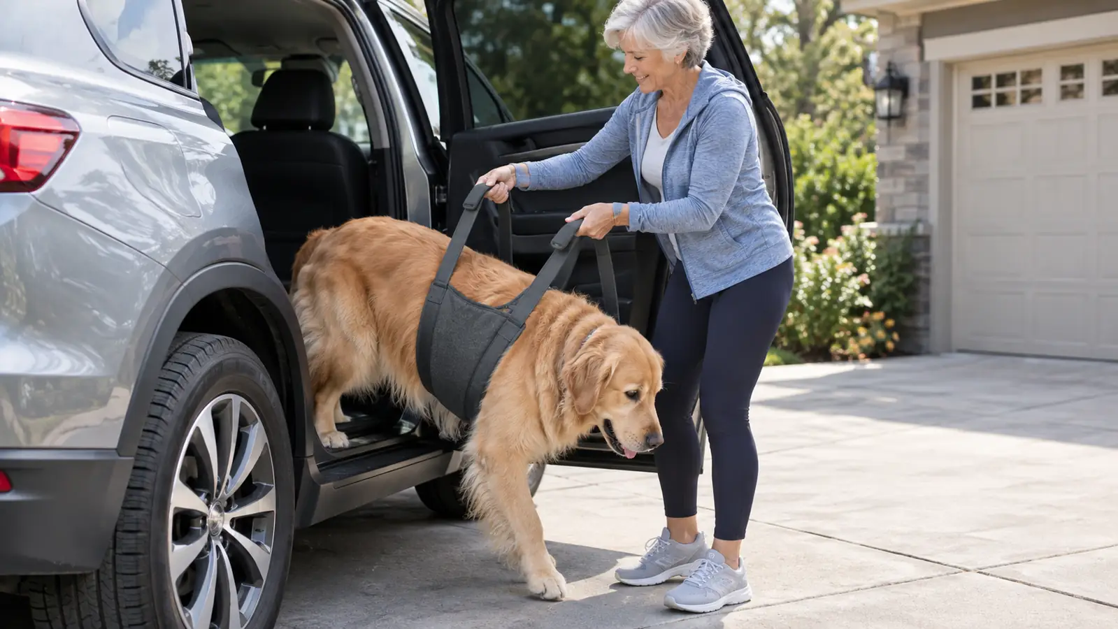 A hand guiding a fabric sling under the hindquarters of a large dog beside an open SUV door