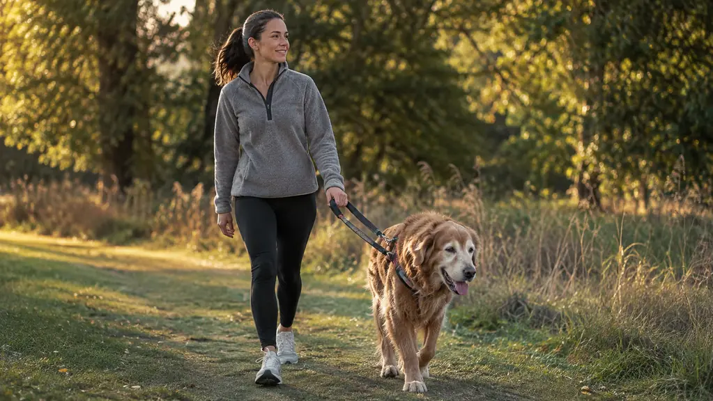 A large dog walking on a grassy path with a person holding a rear support sling