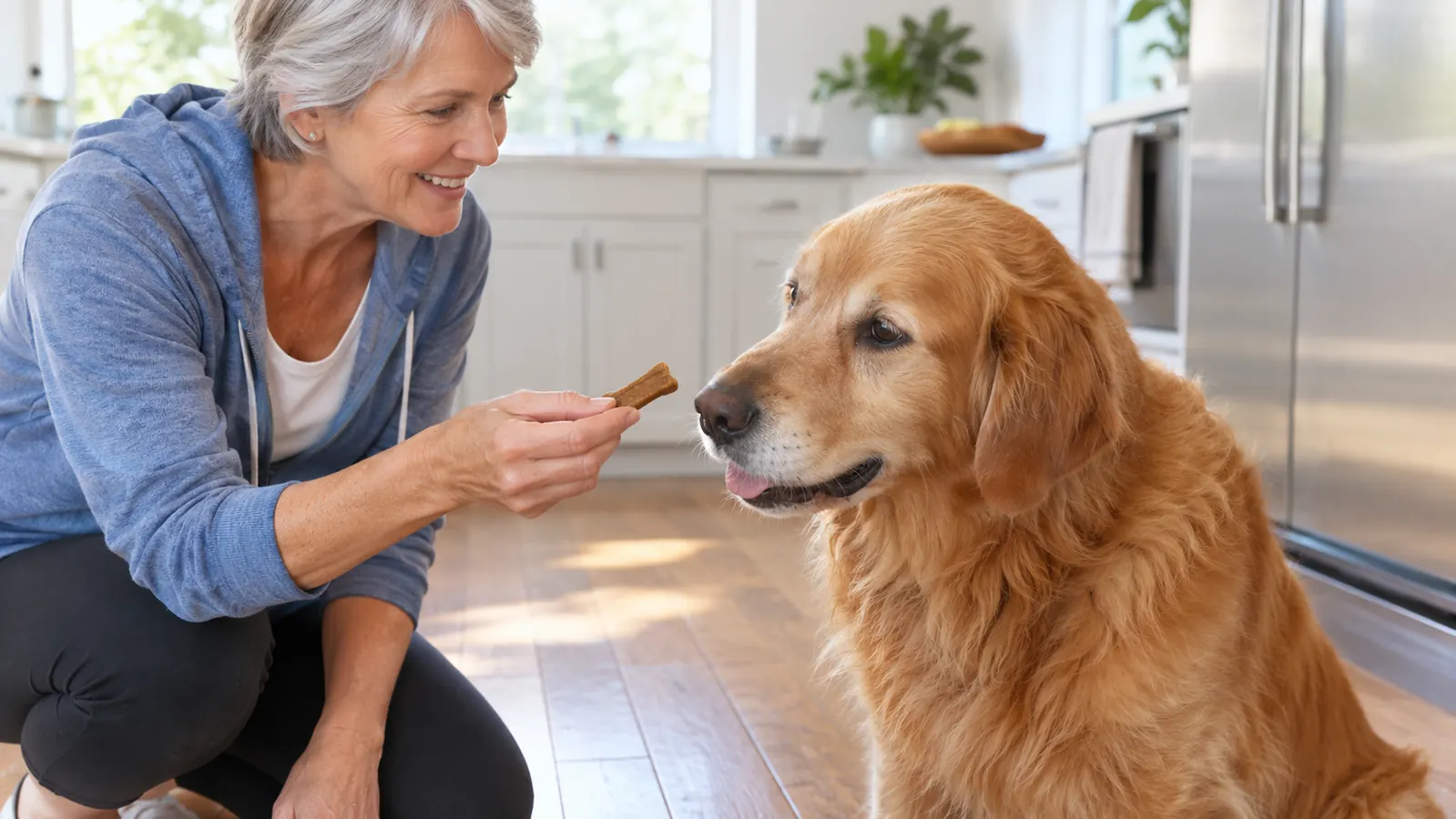 A hand offering a soft chew to a large dog sitting on a kitchen floor with hardwood planks