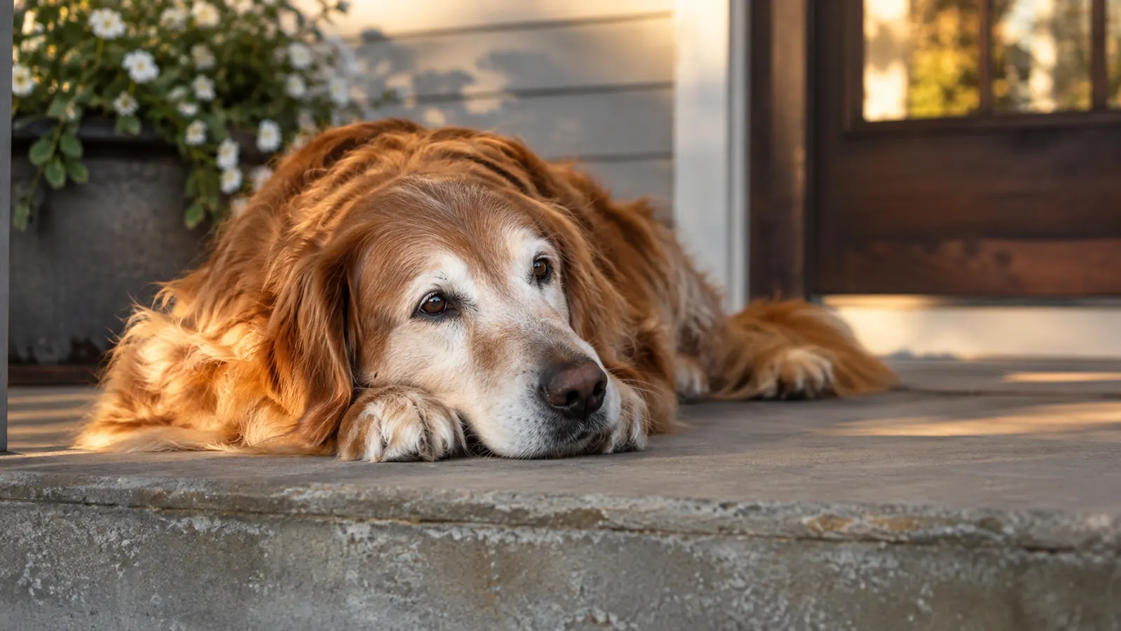 An older dog resting on a porch step in late afternoon light, head resting on paws