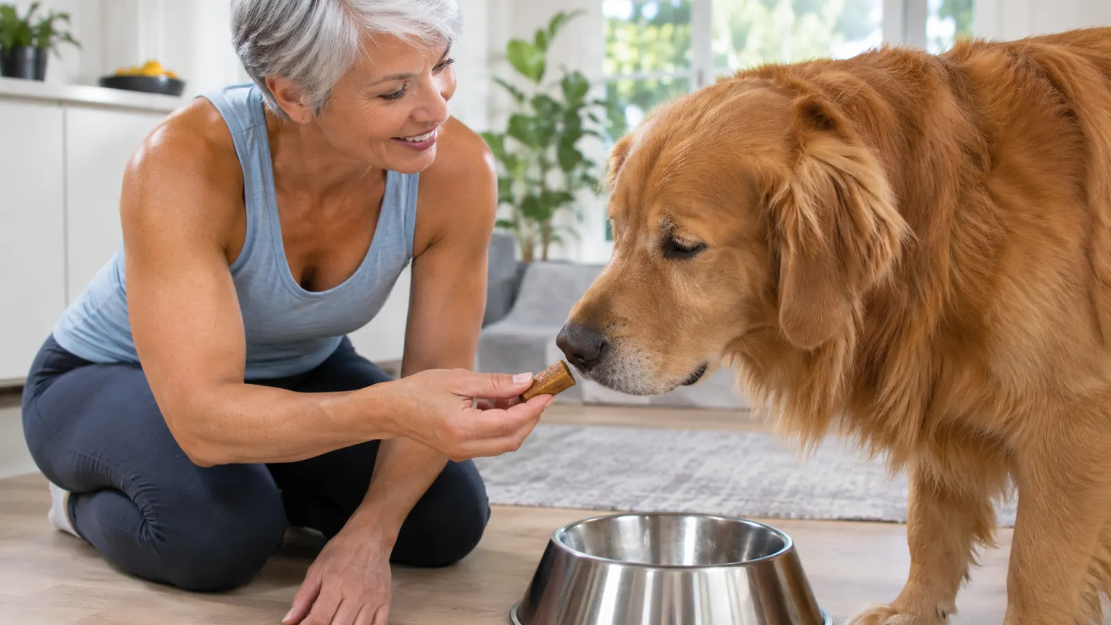 A caregiver's hand offering a soft chew to a large dog by a food bowl