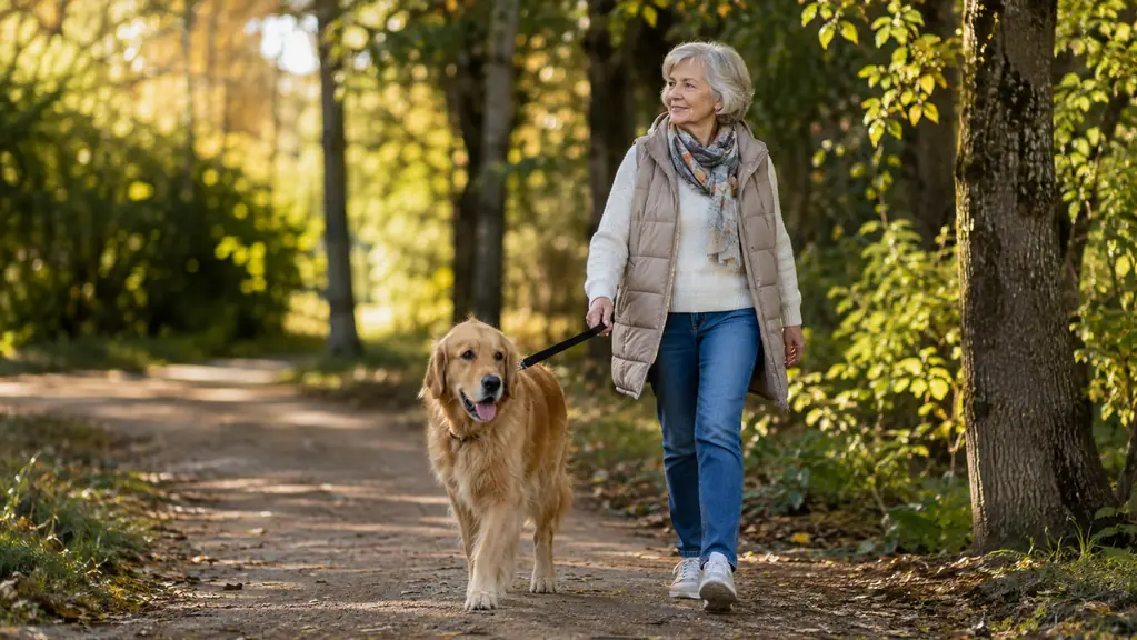 A woman and her older dog walking on a tree-lined path in the morning