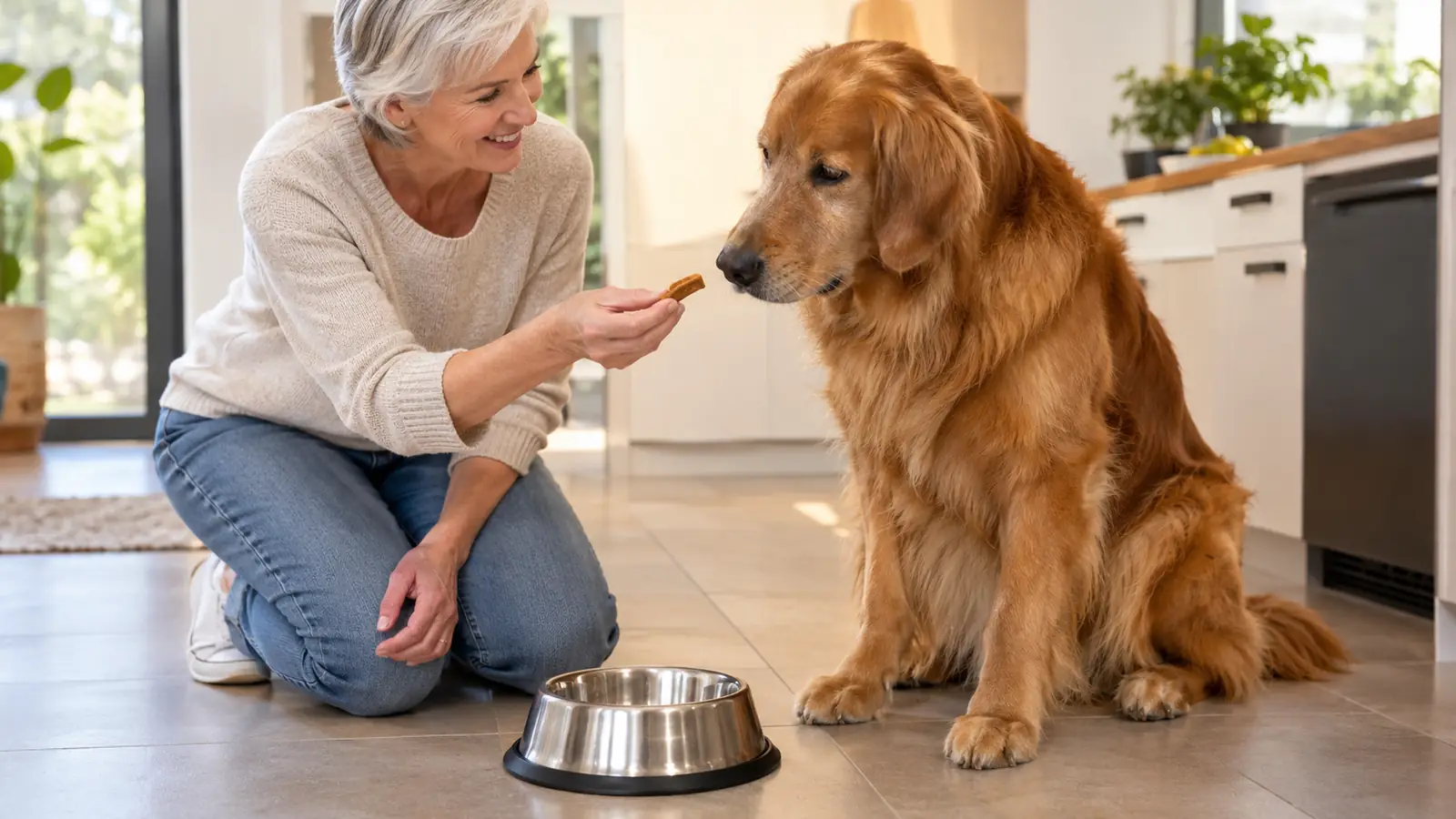 A hand offering a soft chew to a large dog beside a stainless steel bowl