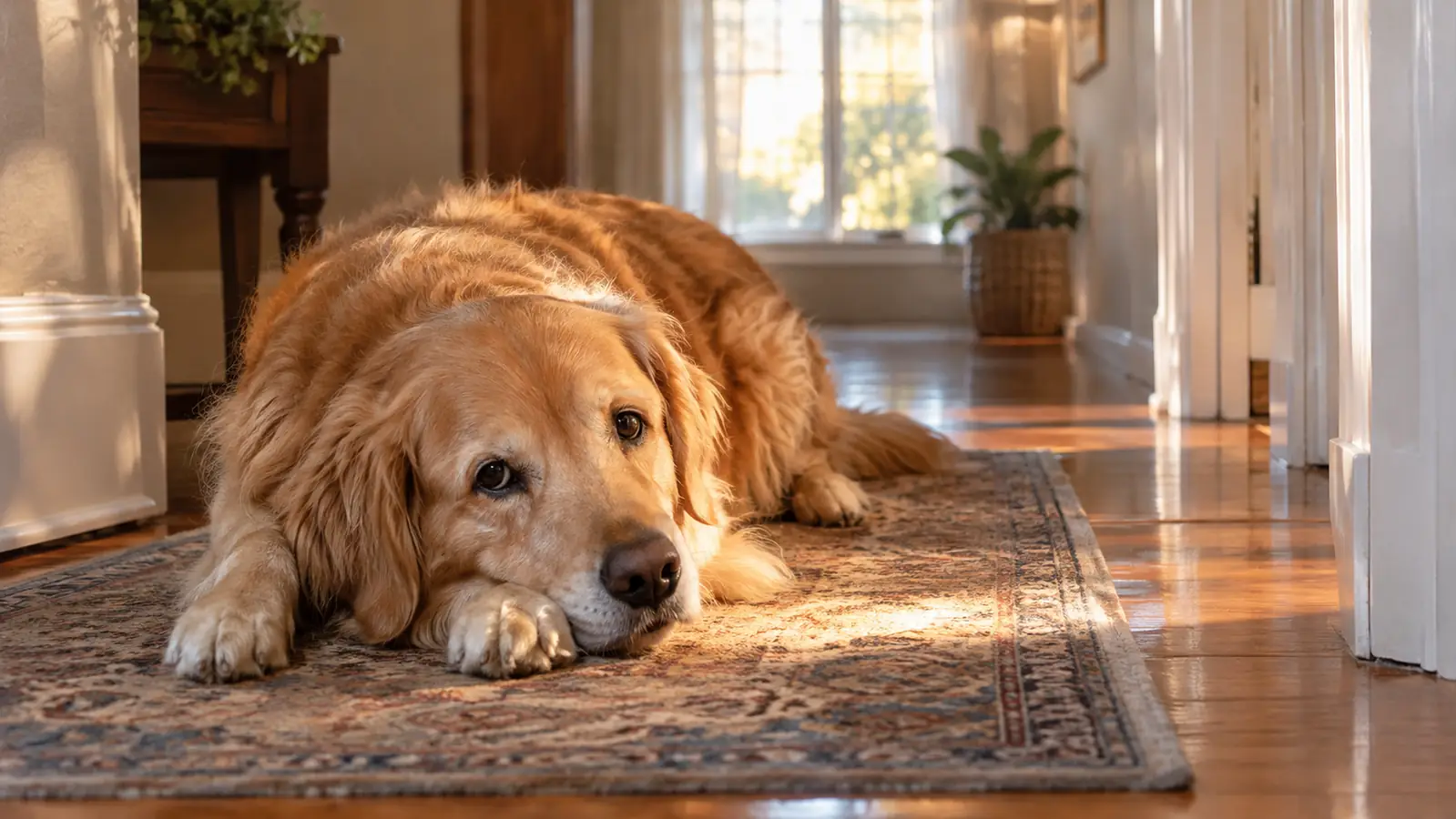 A large dog resting on a rug in a hallway, hardwood floors visible