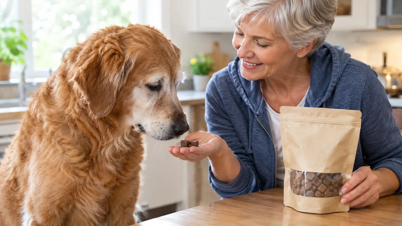 A hand offering a soft chew to a large older dog who is sniffing it gently