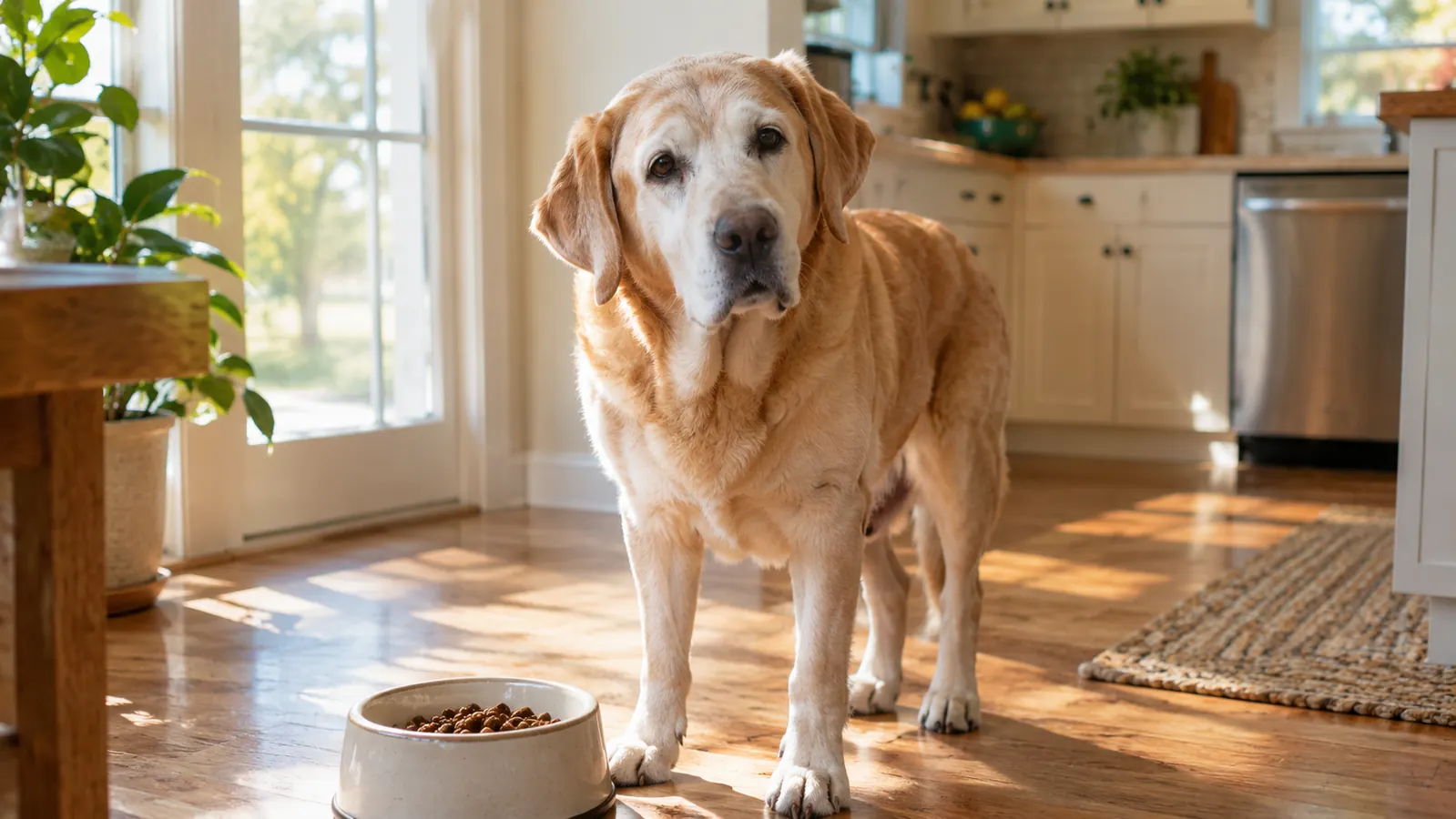 An older yellow labrador with a gray muzzle standing calmly in a sunny kitchen beside a food bowl, morning light