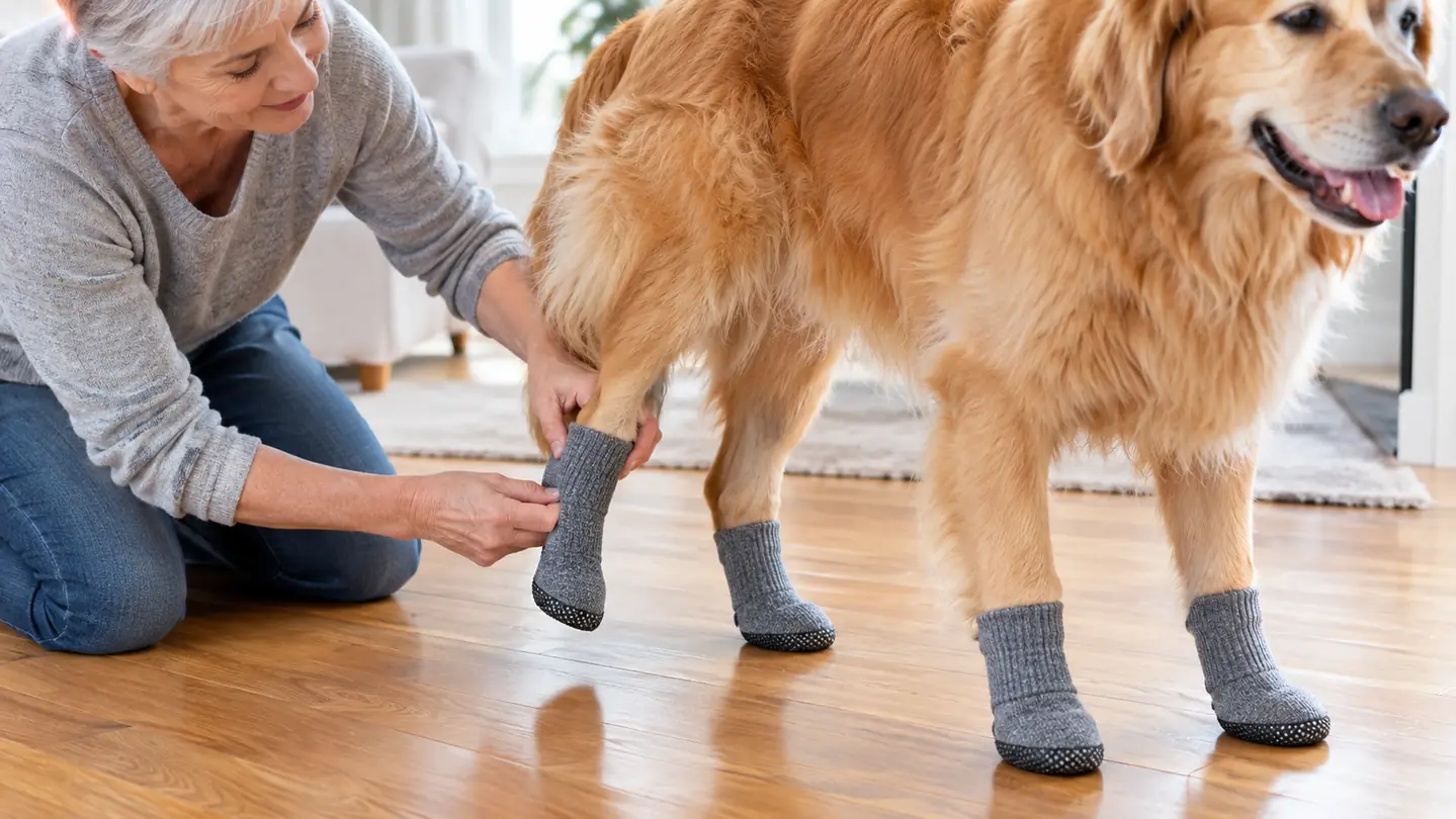 A hand fitting a gray non-slip dog sock onto a dog's back paw