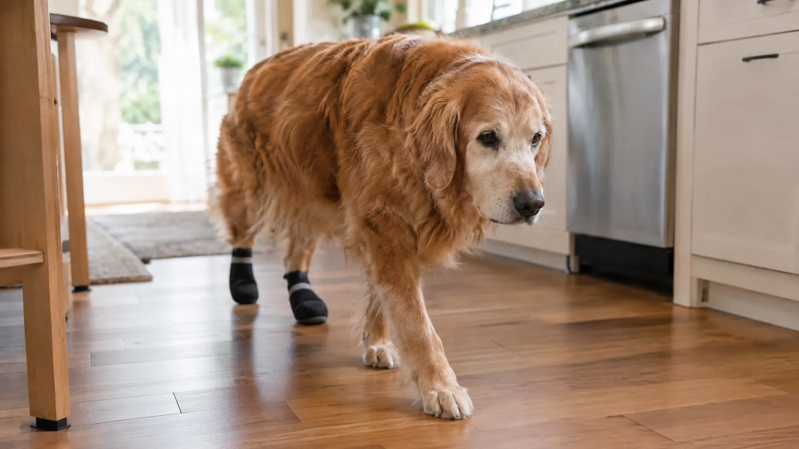 An older dog walking across a kitchen floor with non-slip socks on its back paws