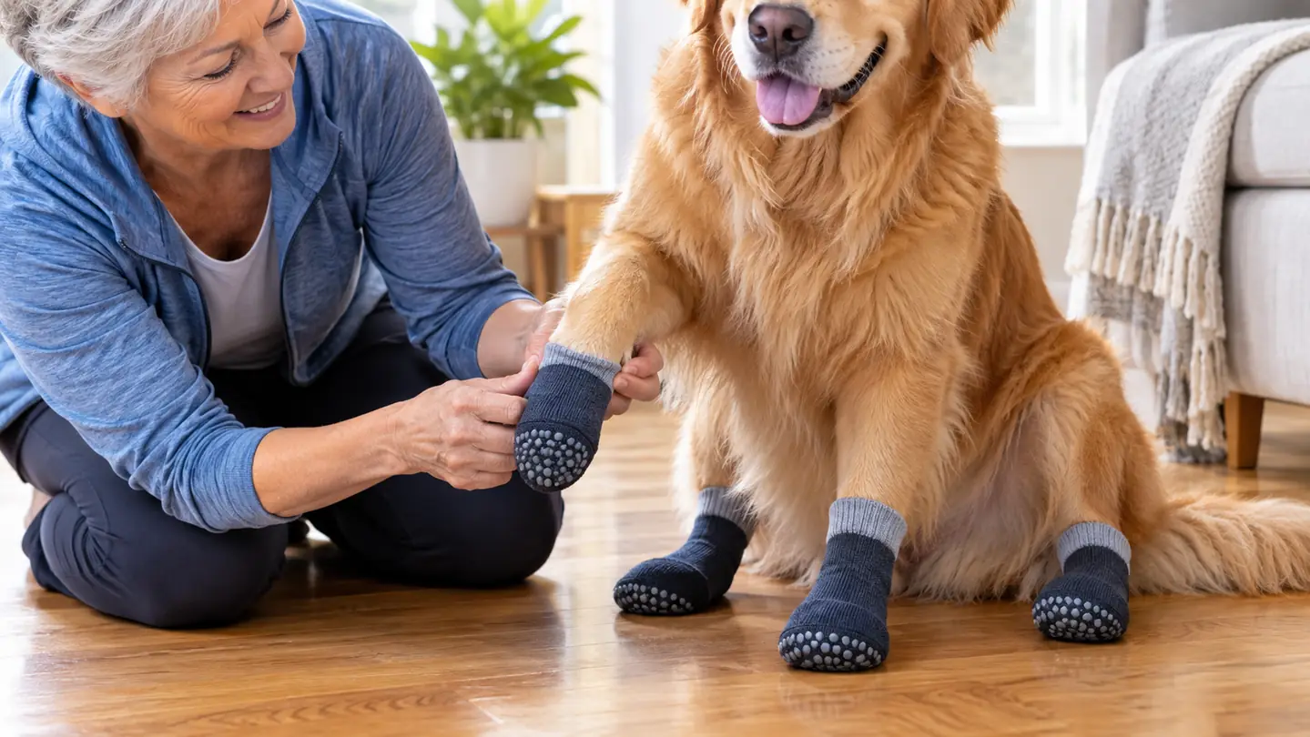 A person's hand fitting a non-slip dog sock onto a large dog's paw while the dog sits on a hardwood floor