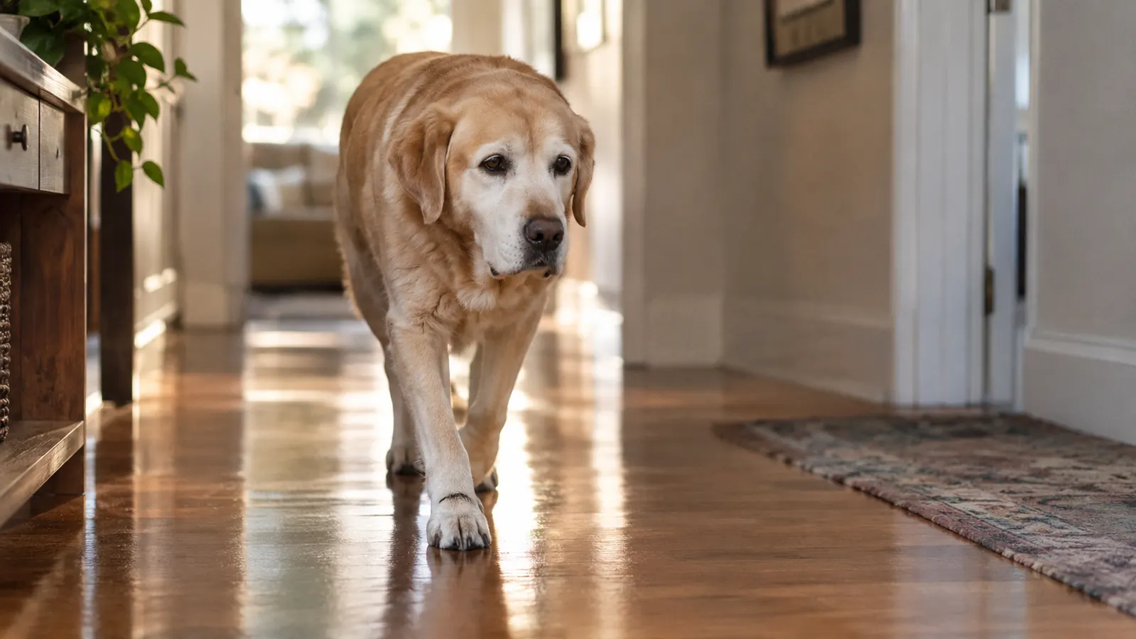 An older yellow labrador walking steadily across a polished hardwood hallway floor
