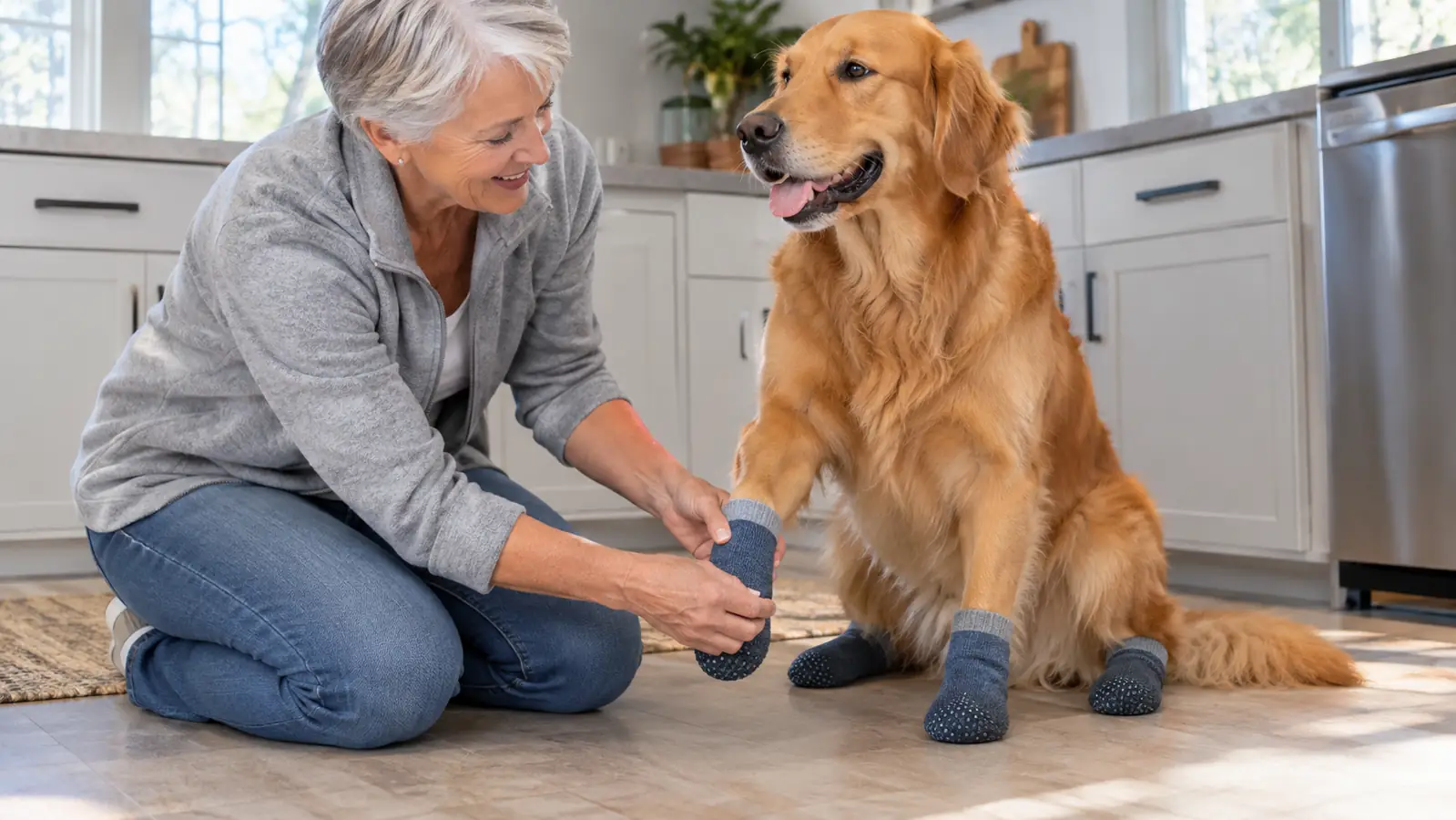 A hand fitting a non-slip sock onto a dog's paw while the dog sits on a kitchen floor