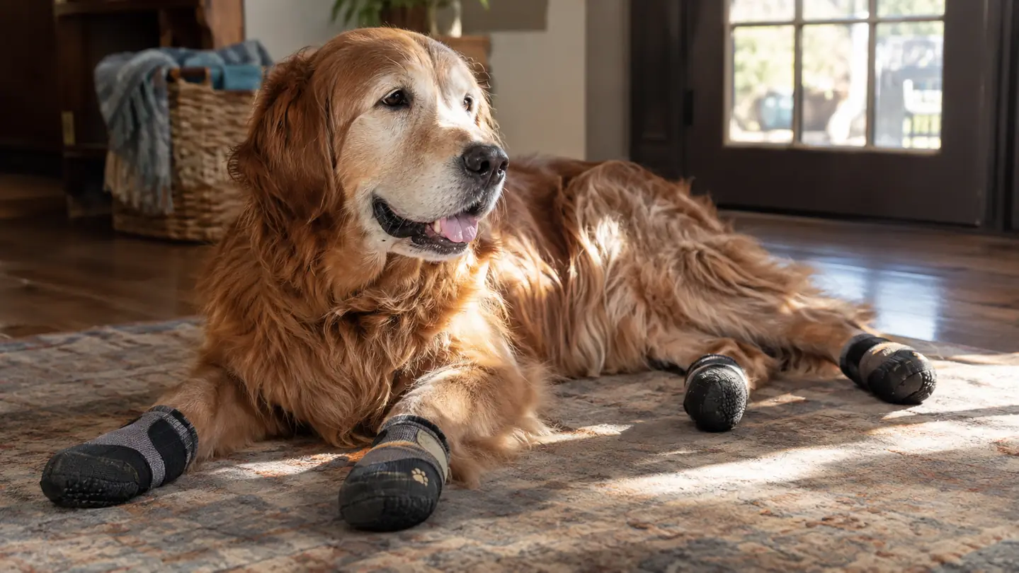 An older dog lying on a rug after a walk, wearing non-slip socks