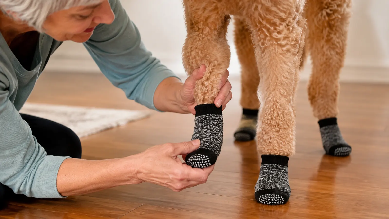 A hand fitting a non-slip dog sock onto a dog's back paw while the dog stands on a hardwood floor
