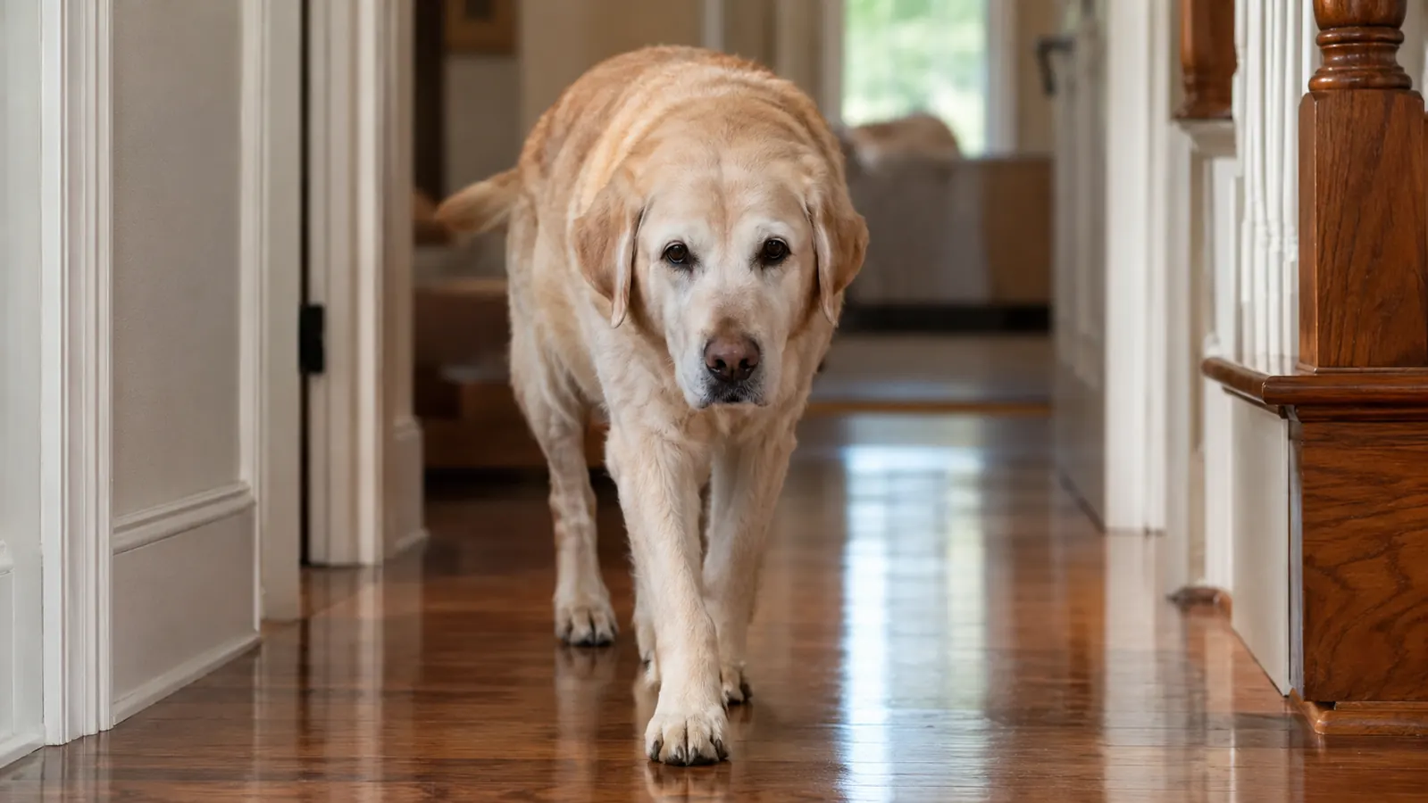 An older yellow labrador walking steadily across a polished hardwood hallway floor
