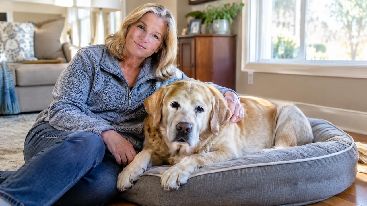 An older dog resting on a thick orthopedic bed in a sunny living room while its owner sits nearby