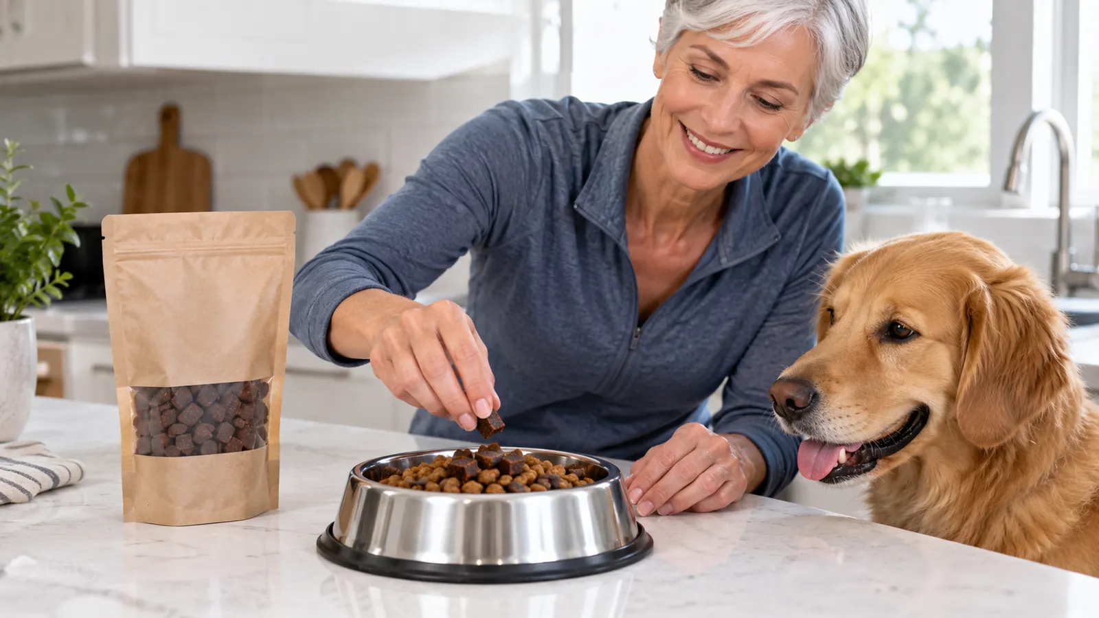 A hand placing a soft chew on top of kibble in a stainless steel dog bowl