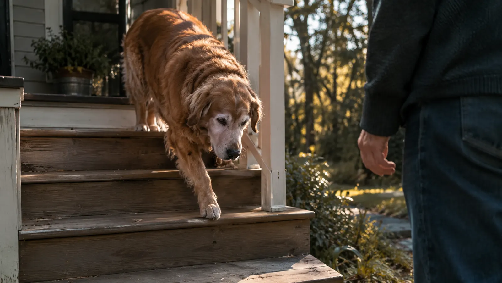 An older dog walking slowly down three back porch steps with a person standing nearby