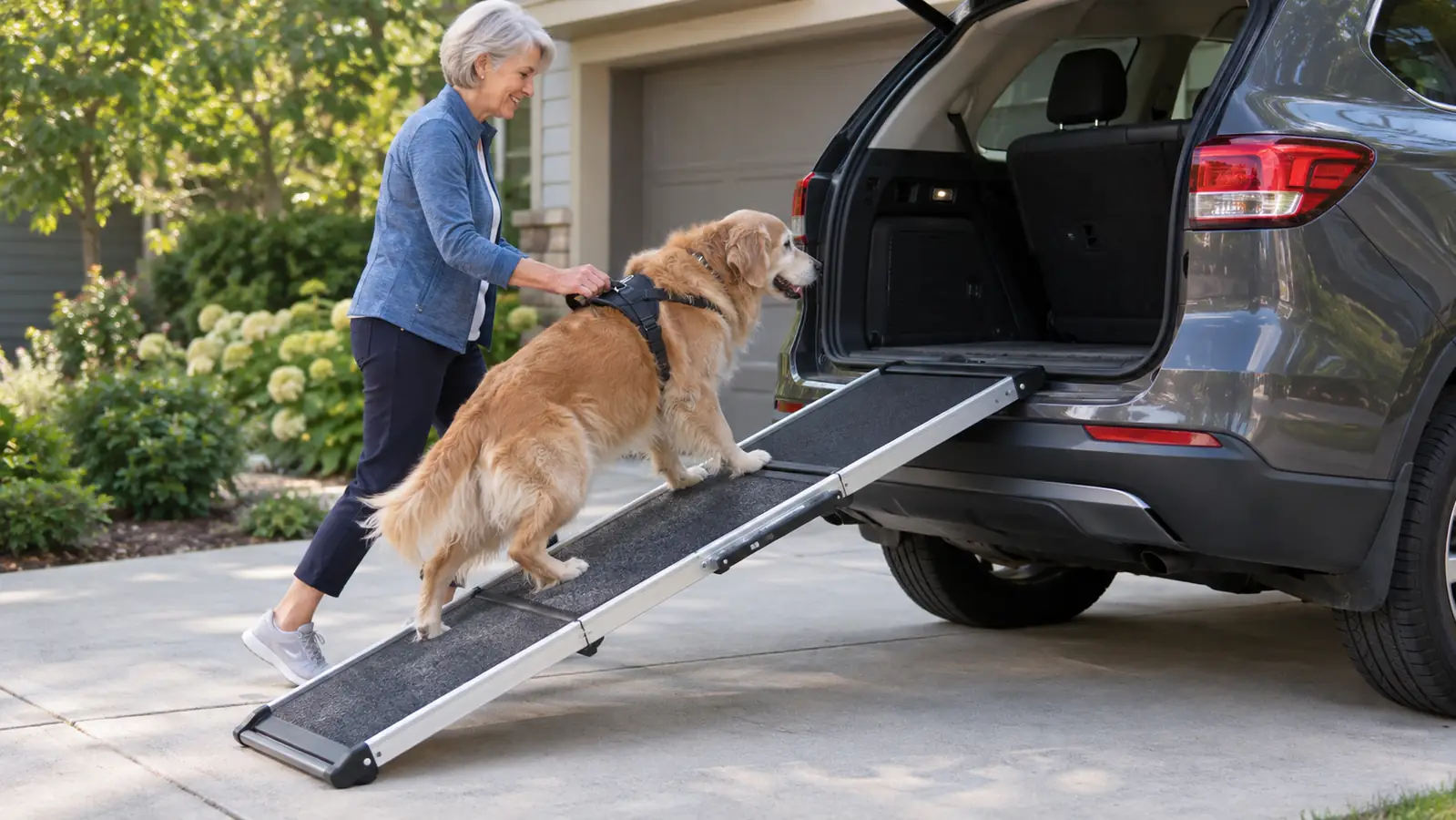 A person steadying an older dog by its harness as the dog walks up a ramp into a car