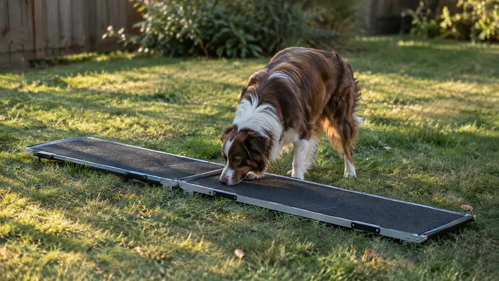 A folding dog ramp laid flat on a grassy yard with a dog sniffing the middle of it
