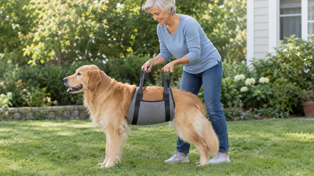 A wide padded sling with two handles held under the belly of a large dog standing on grass