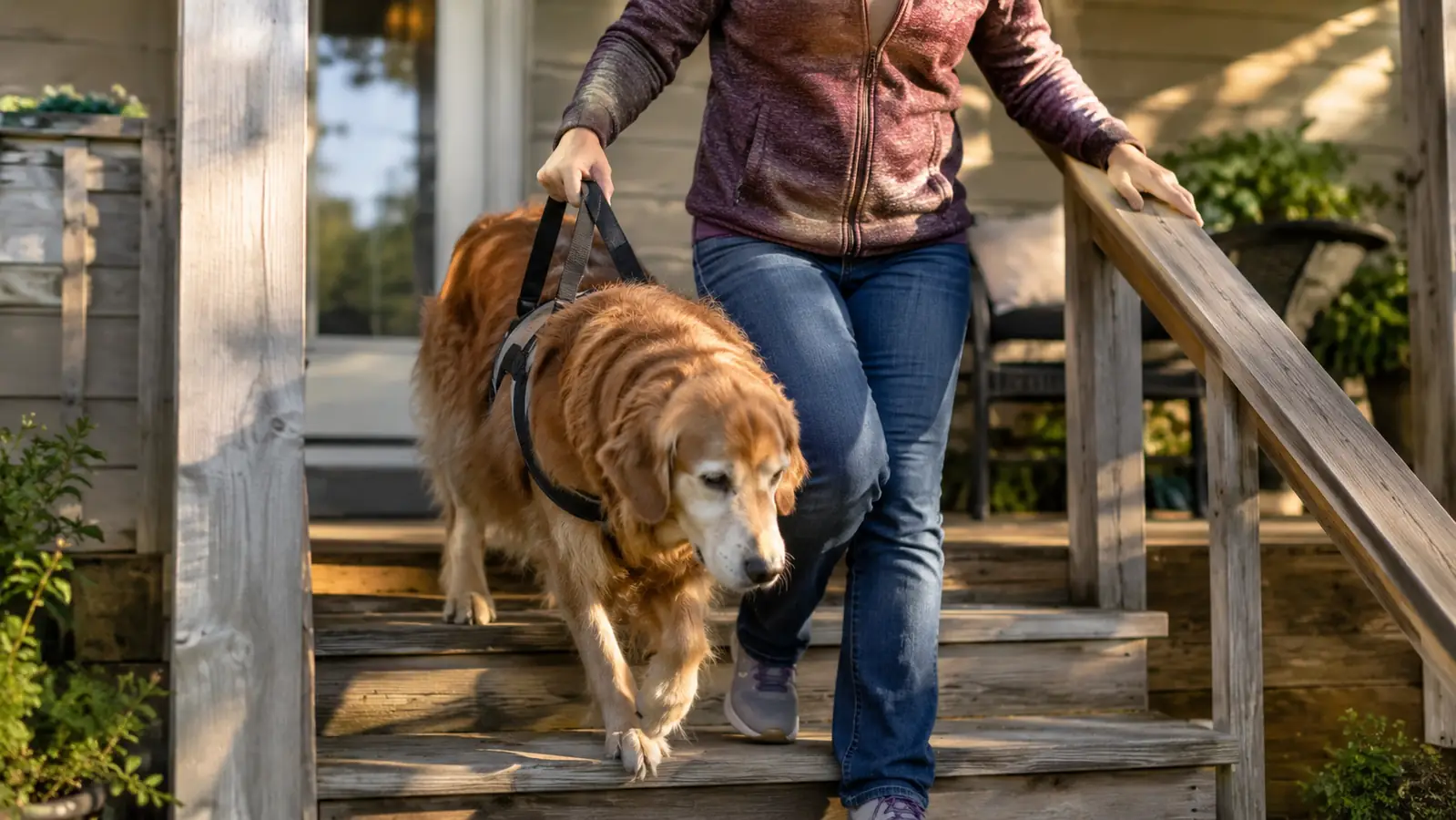 A person guiding a large dog down three porch steps, one hand on the sling handle, the other on the railing