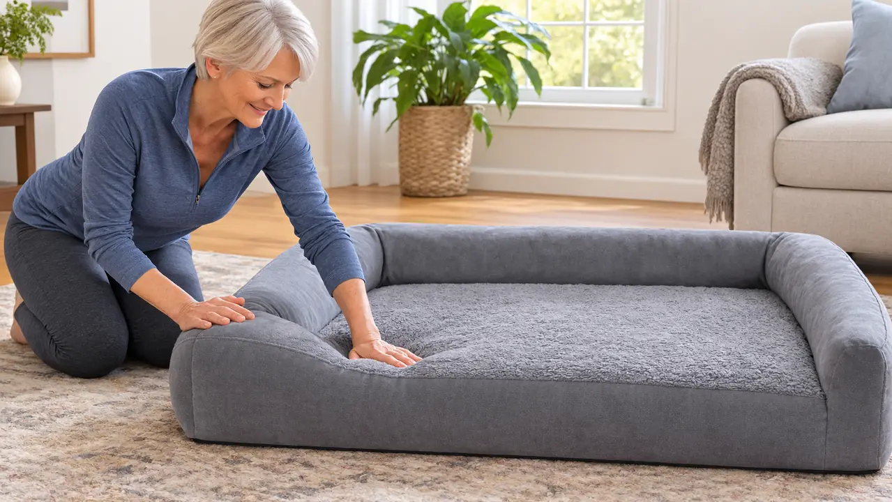 A person's hand pressing into the thick foam edge of an orthopedic dog bed to show its support