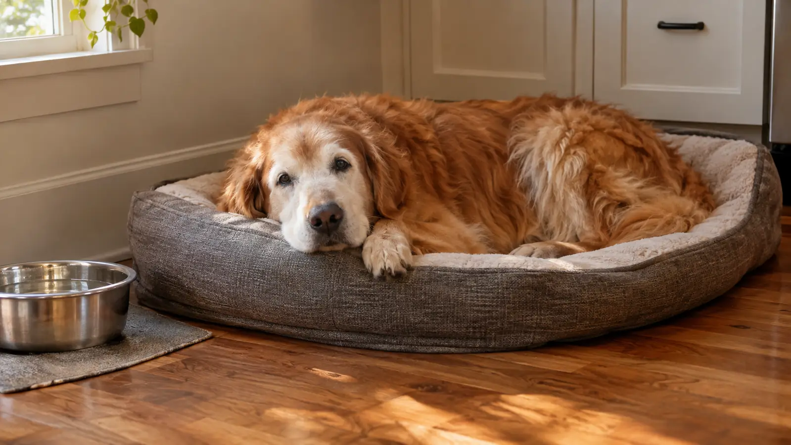 An older dog lying on an orthopedic bed beside a water bowl in a kitchen