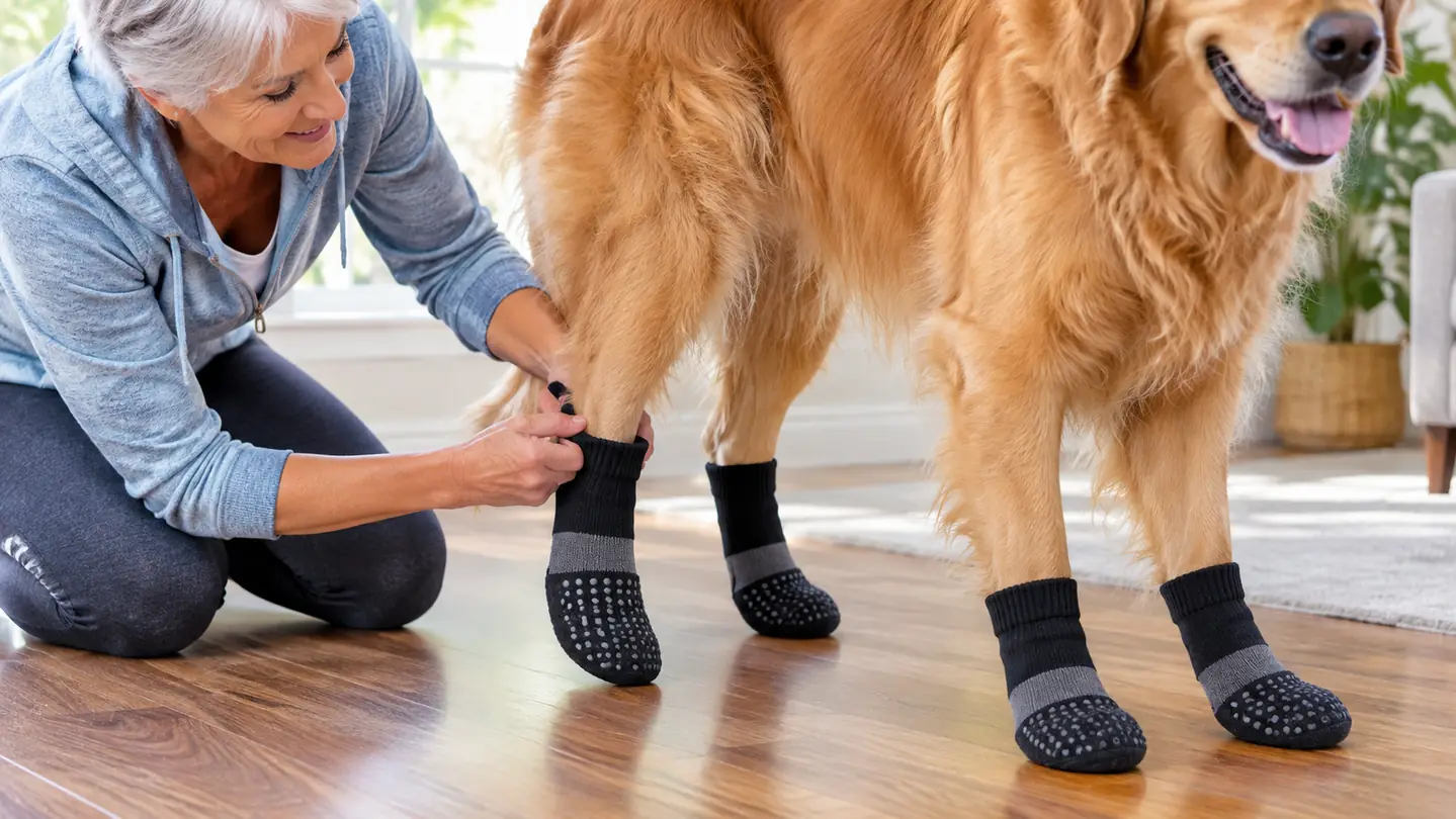 A hand gently fitting a grip sock onto a large dog's back paw while the dog stands on a hardwood floor