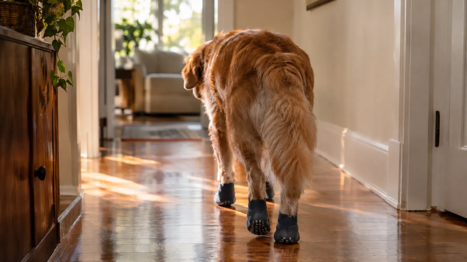 An older large dog walking across a hardwood hallway wearing grip socks on its paws, seen from behind, warm home interior