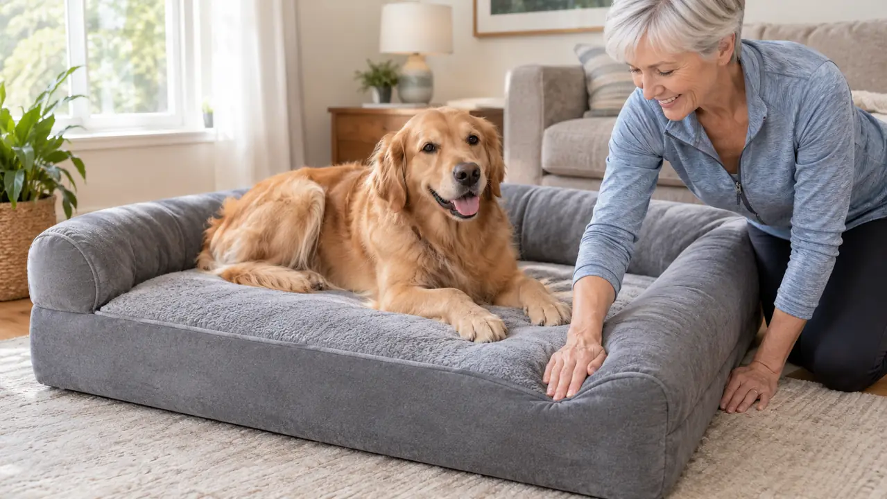 A person's hand patting the thick foam edge of an orthopedic dog bed while the dog rests on it