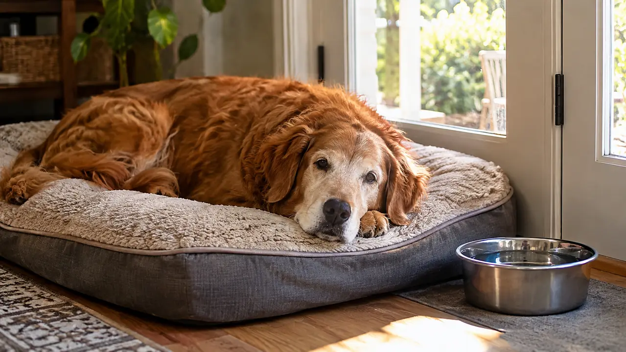 An older dog lying comfortably on an orthopedic bed by a back porch door, morning light coming through the glass