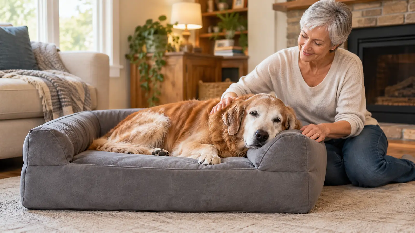 An older dog lying on the orthopedic dog bed with its head resting on the side of the bed