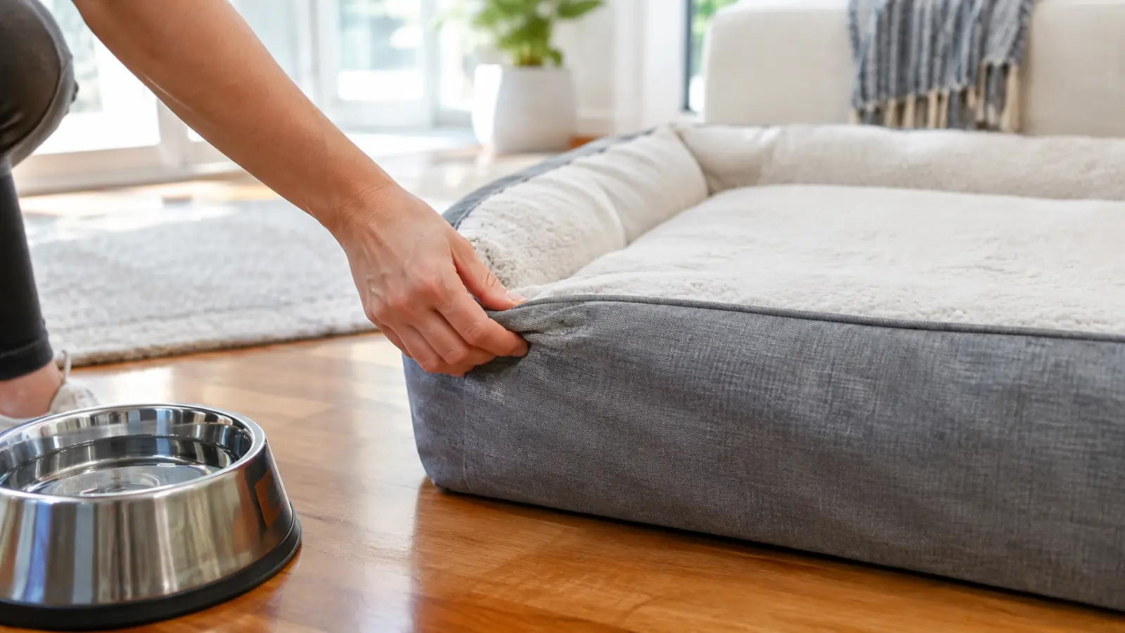 A hand smoothing the cover back over the corner of a large orthopedic dog bed