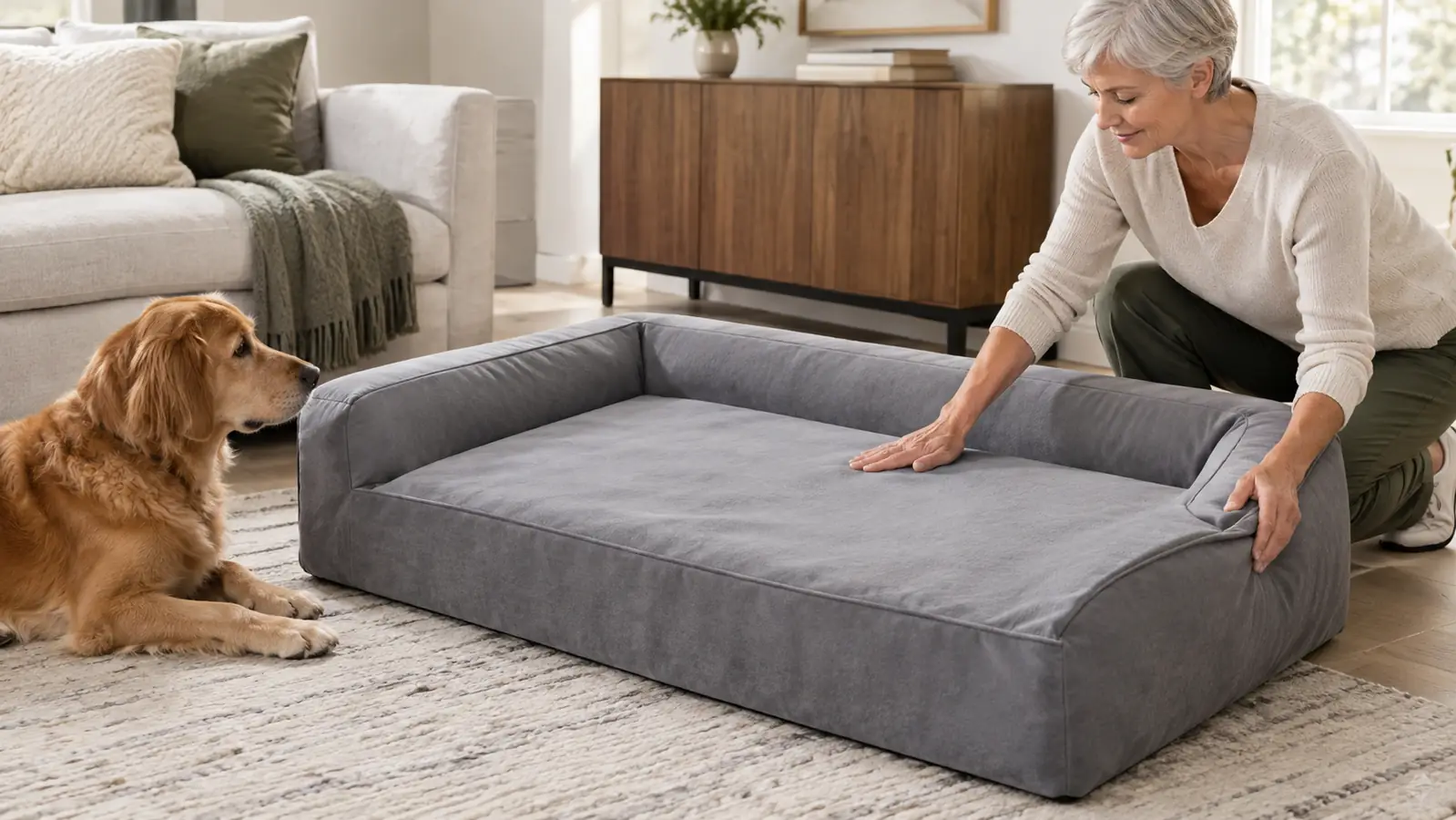 A person's hand smoothing the removable cover of a large orthopedic dog bed while the dog watches from the floor