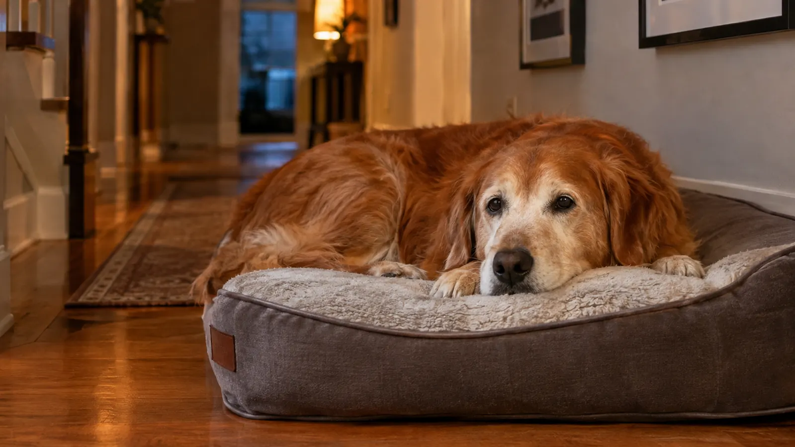 An older dog lying comfortably on a large orthopedic dog bed in a hallway, evening light