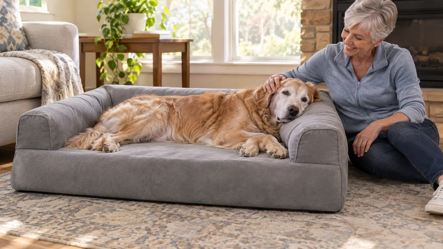 A large dog stretched out on an orthopedic dog bed with her head resting on the raised back