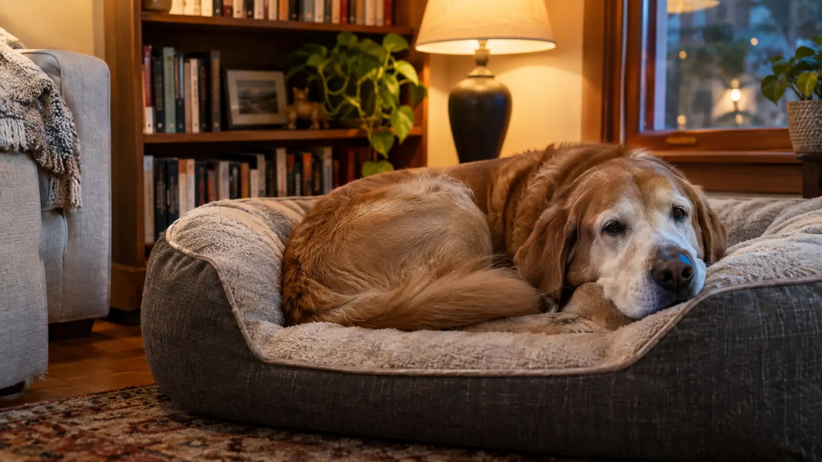 An older dog curled up on a sofa-style orthopedic dog bed in a cozy living room corner with a lamp nearby