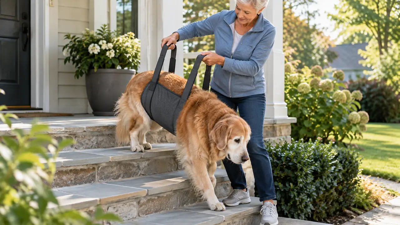 A person holding the handles of a rear support sling while an older dog walks down three porch steps