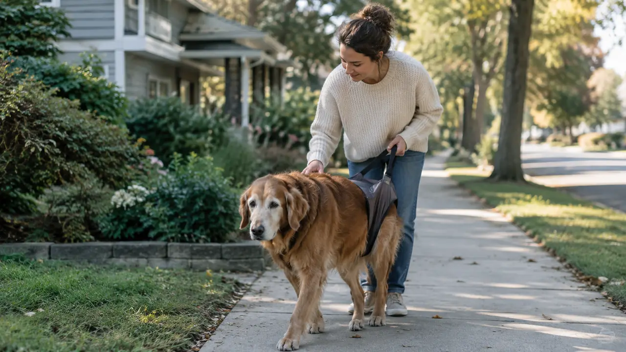 An older dog walking on a sidewalk with a person holding a rear support sling, neighborhood houses in the background