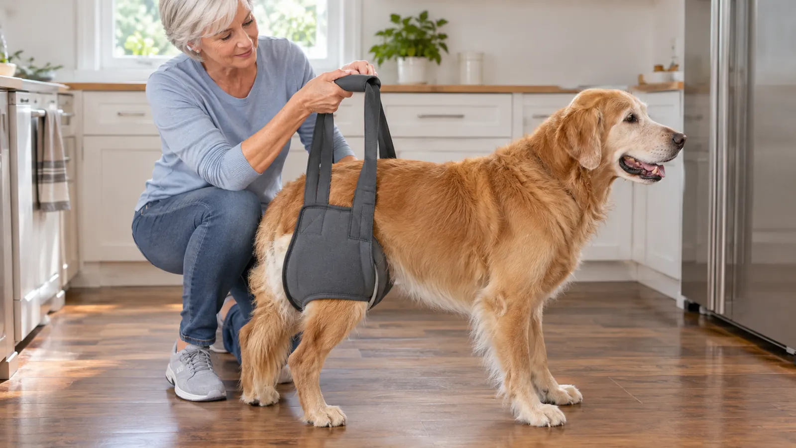 A person's hand holding the padded handle of a rear support sling while the sling sits under an older dog's hindquarters