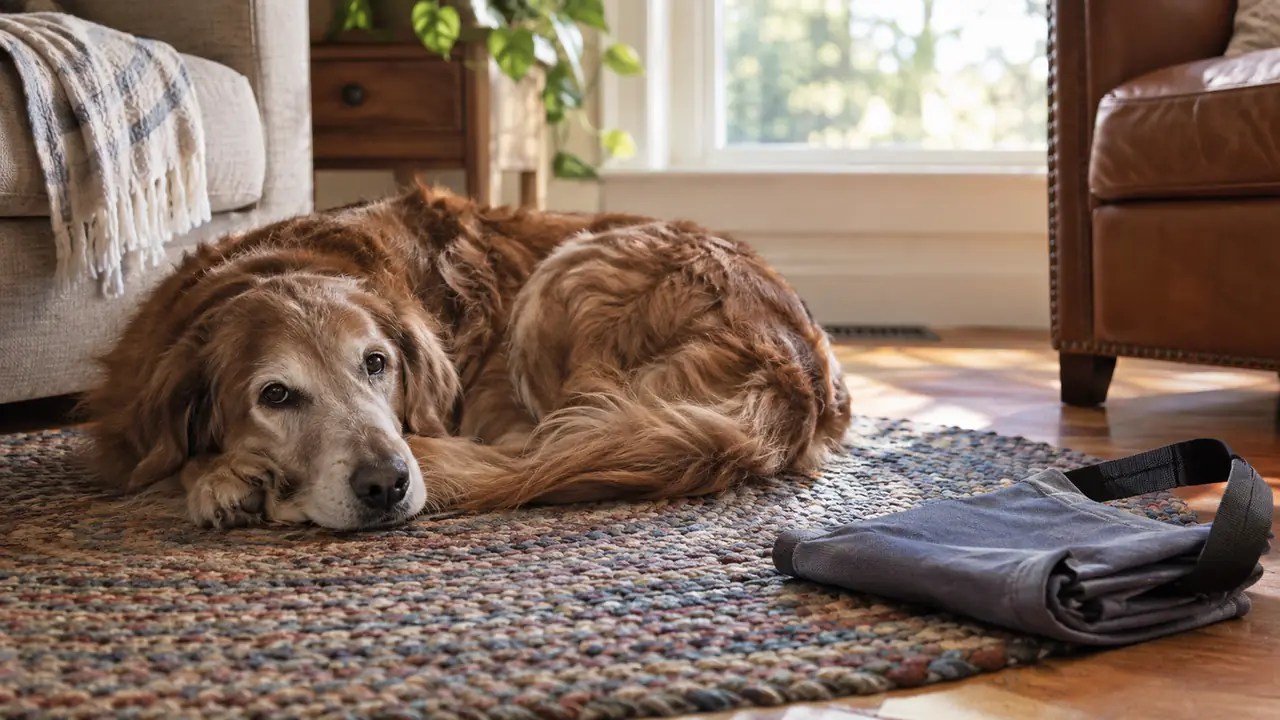 An older dog resting on a rug after a short walk, with a rear support sling folded beside it