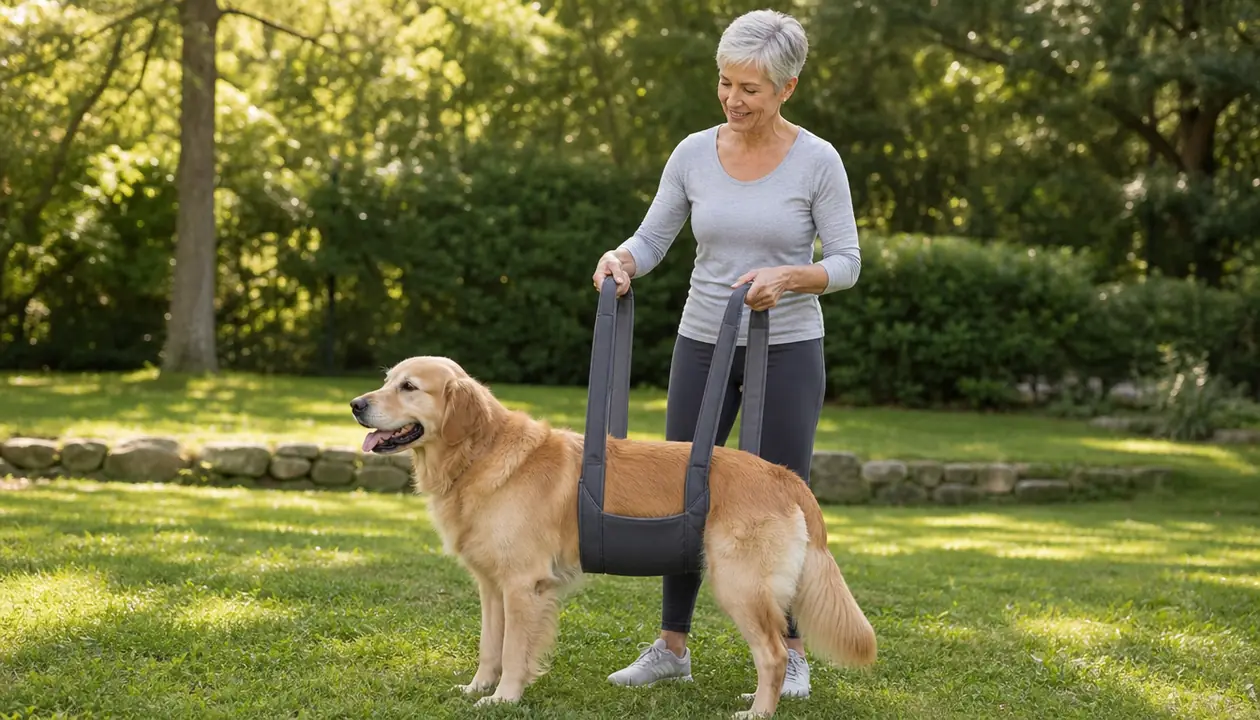A person holding the handles of a dog sling under the belly of a large dog while the dog stands on a lawn